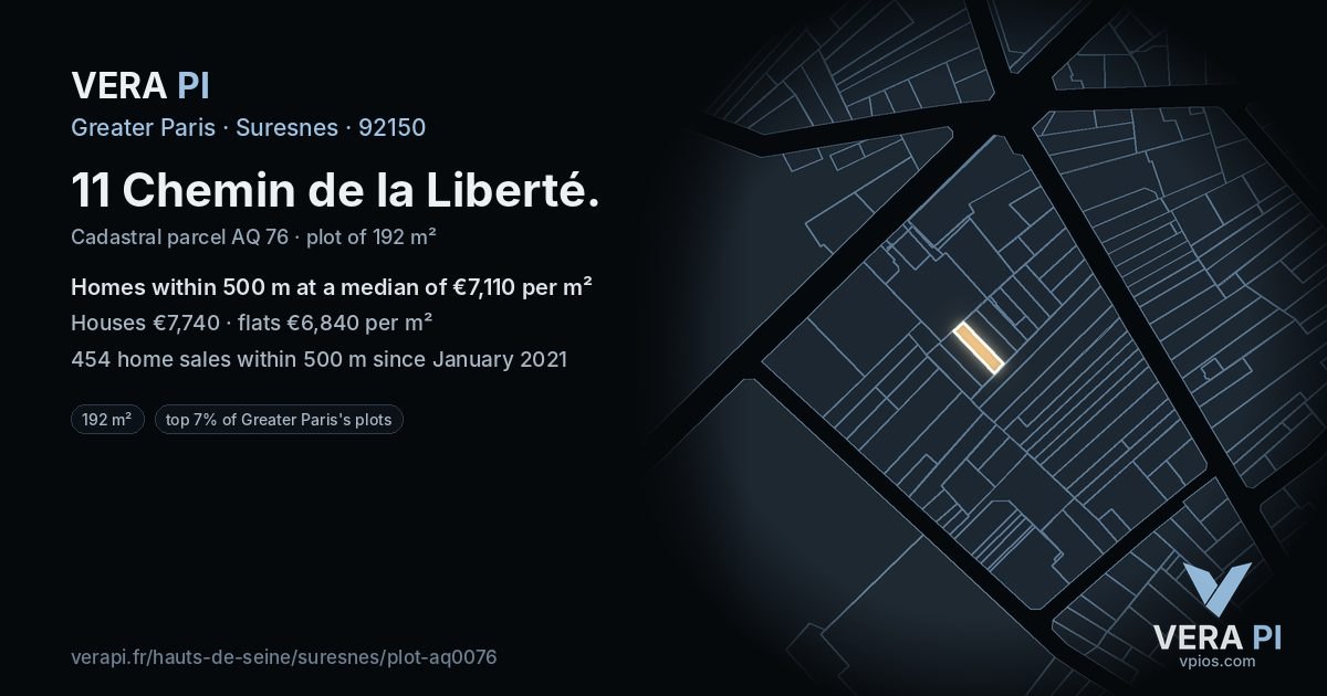 11 Chemin de la Liberté, Suresnes at night – the plot lit, the parcels around coloured by the prices near them