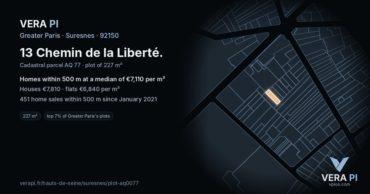 13 Chemin de la Liberté, Suresnes at night – the plot lit, the parcels around coloured by the prices near them