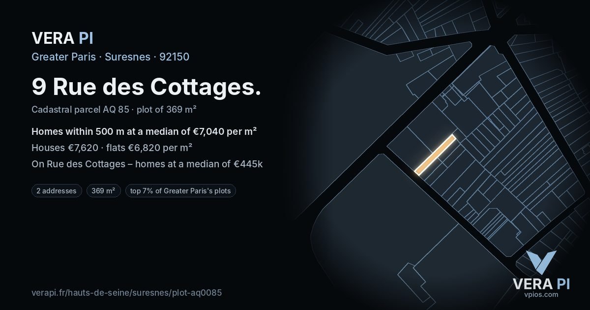 9 Rue des Cottages, Suresnes at night – the plot lit, the parcels around coloured by the prices near them