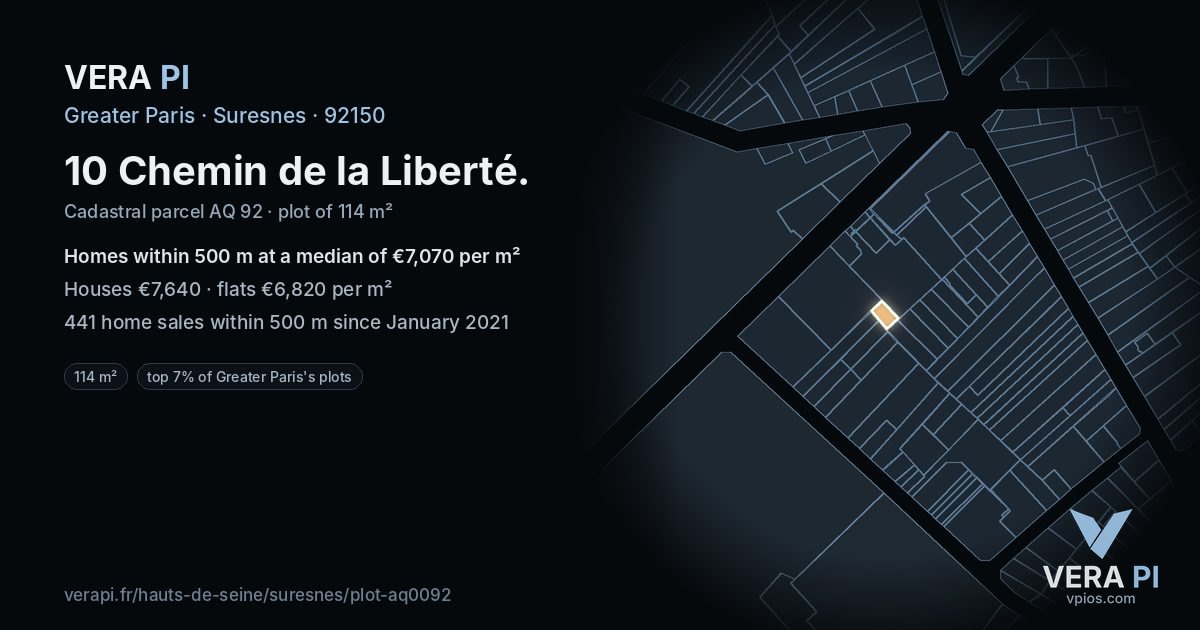 10 Chemin de la Liberté, Suresnes at night – the plot lit, the parcels around coloured by the prices near them