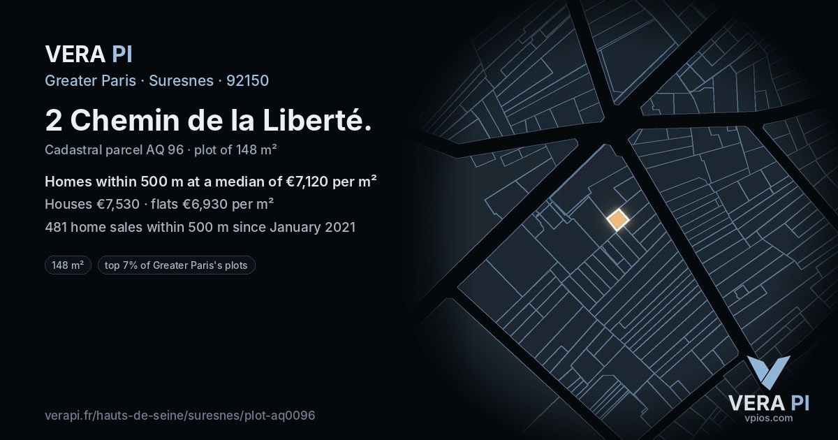 2 Chemin de la Liberté, Suresnes at night – the plot lit, the parcels around coloured by the prices near them