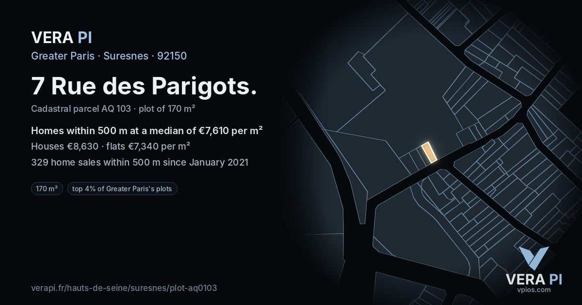 7 Rue des Parigots, Suresnes at night – the plot lit, the parcels around coloured by the prices near them