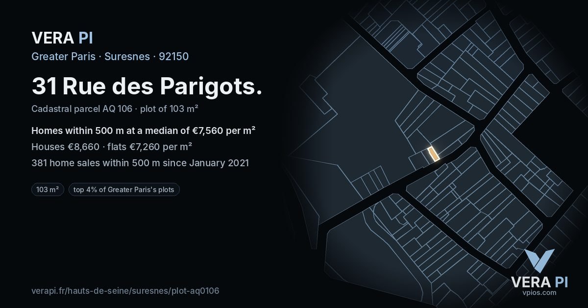 31 Rue des Parigots, Suresnes at night – the plot lit, the parcels around coloured by the prices near them