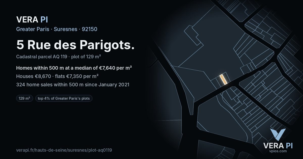 5 Rue des Parigots, Suresnes at night – the plot lit, the parcels around coloured by the prices near them