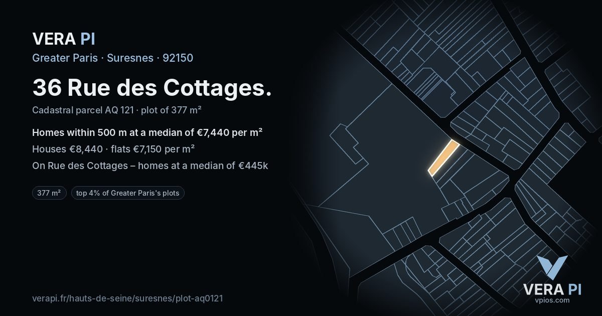 36 Rue des Cottages, Suresnes at night – the plot lit, the parcels around coloured by the prices near them