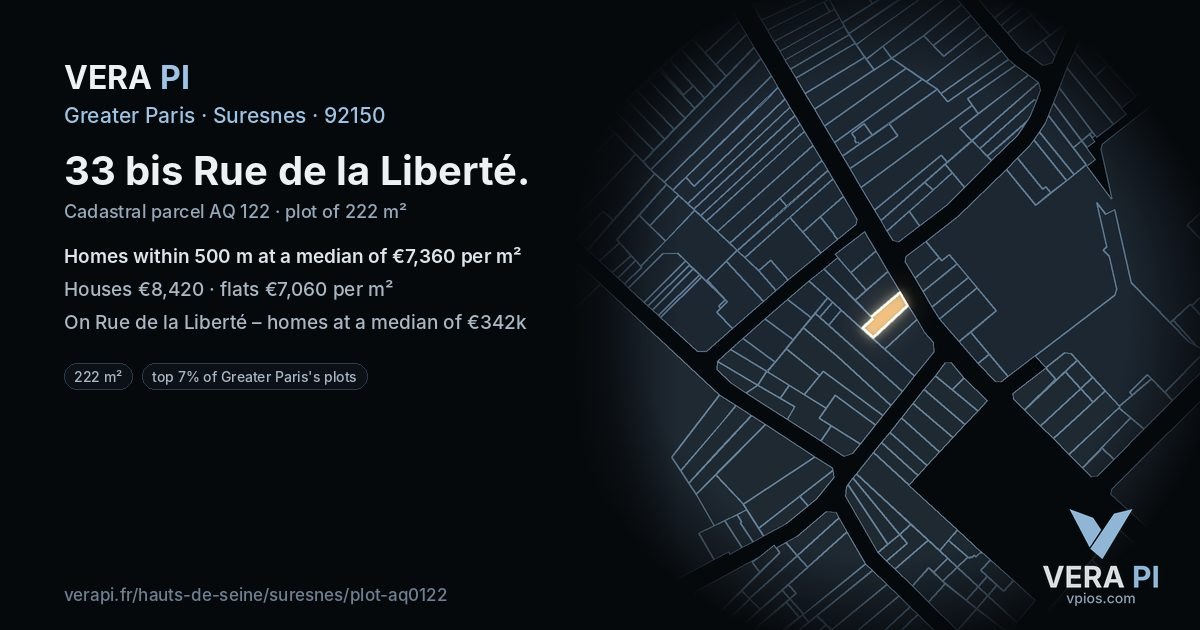 33 bis Rue de la Liberté, Suresnes at night – the plot lit, the parcels around coloured by the prices near them