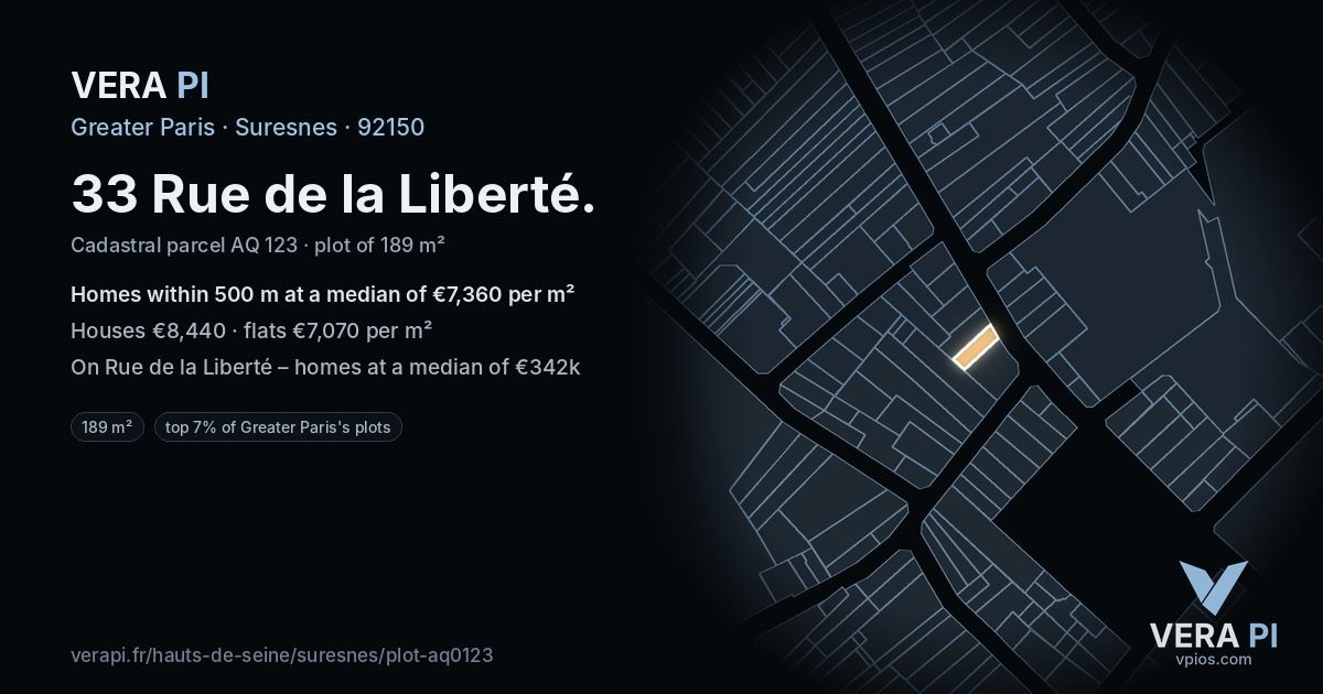 33 Rue de la Liberté, Suresnes at night – the plot lit, the parcels around coloured by the prices near them