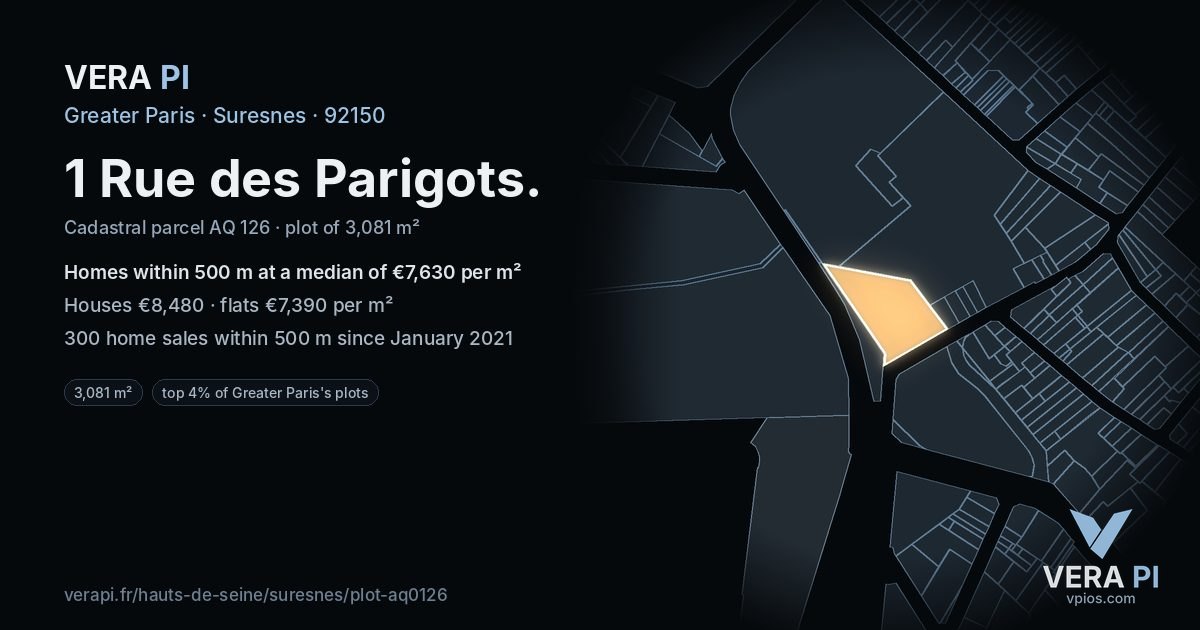 1 Rue des Parigots, Suresnes at night – the plot lit, the parcels around coloured by the prices near them