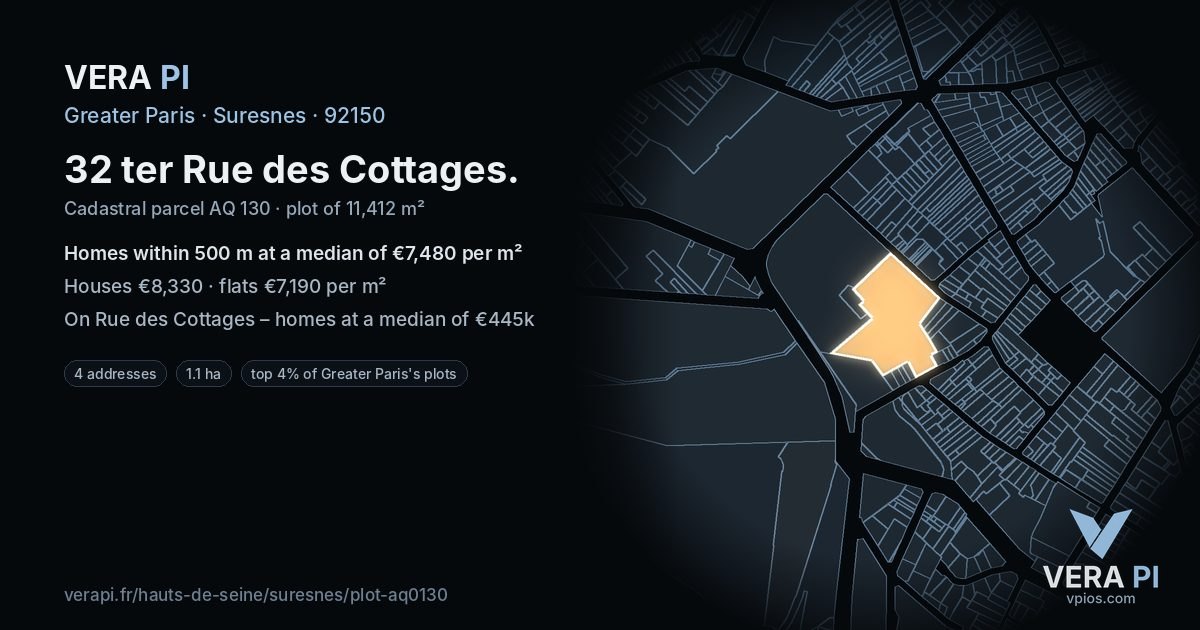 32 ter Rue des Cottages, Suresnes at night – the plot lit, the parcels around coloured by the prices near them