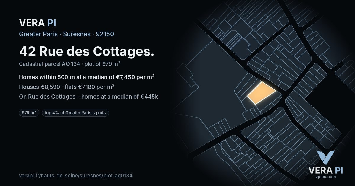 42 Rue des Cottages, Suresnes at night – the plot lit, the parcels around coloured by the prices near them