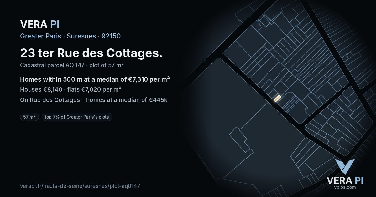 23 ter Rue des Cottages, Suresnes at night – the plot lit, the parcels around coloured by the prices near them