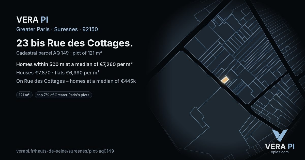 23 bis Rue des Cottages, Suresnes at night – the plot lit, the parcels around coloured by the prices near them