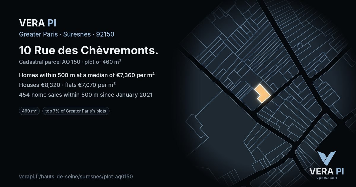 10 Rue des Chèvremonts, Suresnes at night – the plot lit, the parcels around coloured by the prices near them
