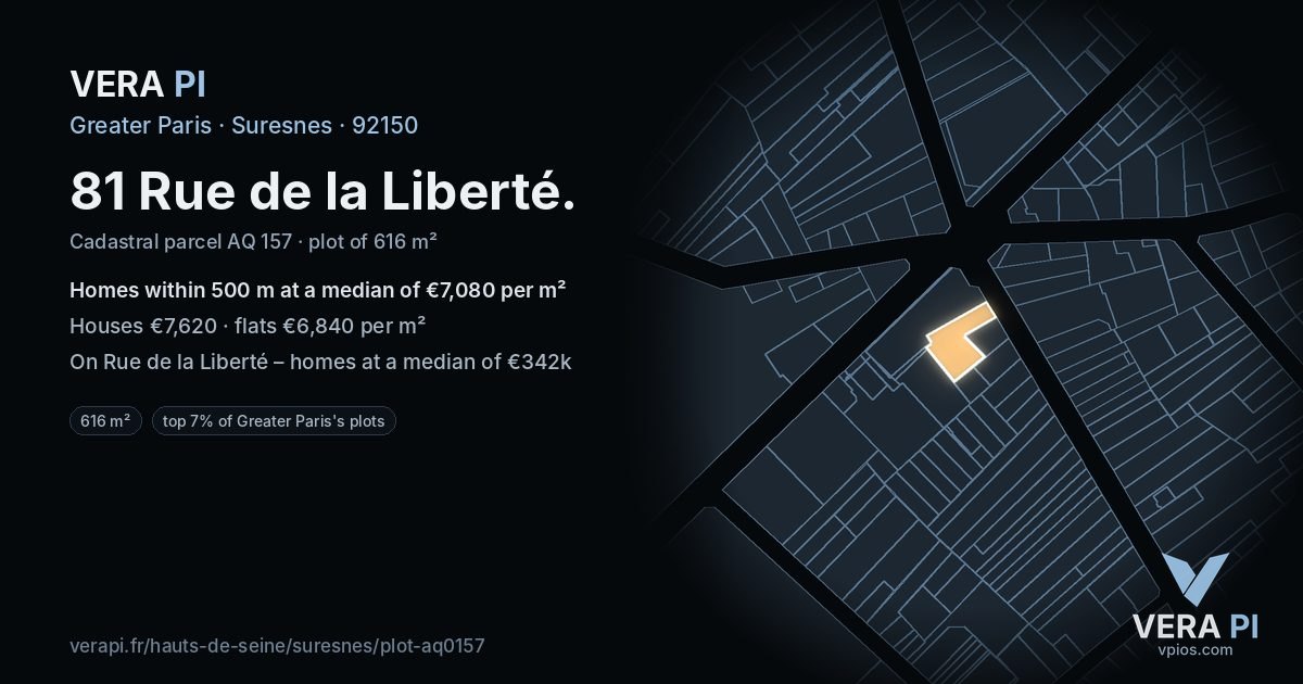 81 Rue de la Liberté, Suresnes at night – the plot lit, the parcels around coloured by the prices near them