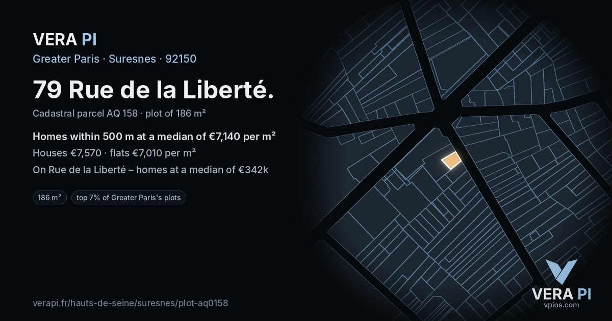 79 Rue de la Liberté, Suresnes at night – the plot lit, the parcels around coloured by the prices near them