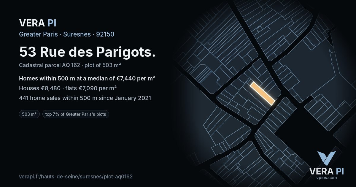 53 Rue des Parigots, Suresnes at night – the plot lit, the parcels around coloured by the prices near them