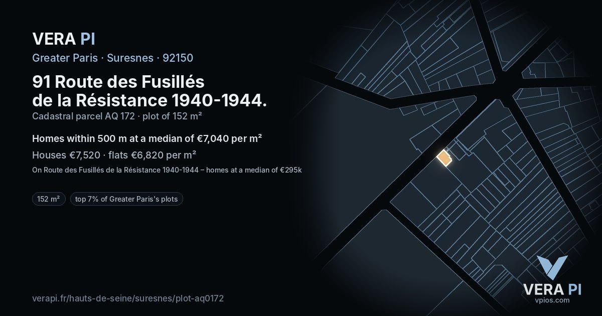 91 Route des Fusillés de la Résistance 1940-1944, Suresnes at night – the plot lit, the parcels around coloured by the prices near them