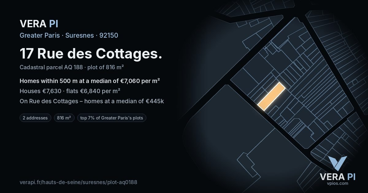 17 Rue des Cottages, Suresnes at night – the plot lit, the parcels around coloured by the prices near them