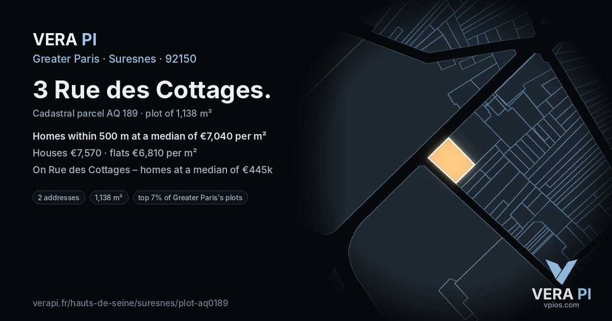 3 Rue des Cottages, Suresnes at night – the plot lit, the parcels around coloured by the prices near them