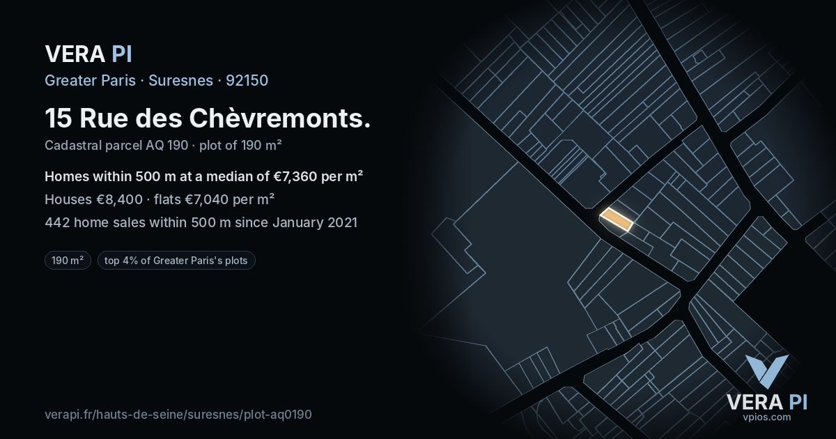 15 Rue des Chèvremonts, Suresnes at night – the plot lit, the parcels around coloured by the prices near them