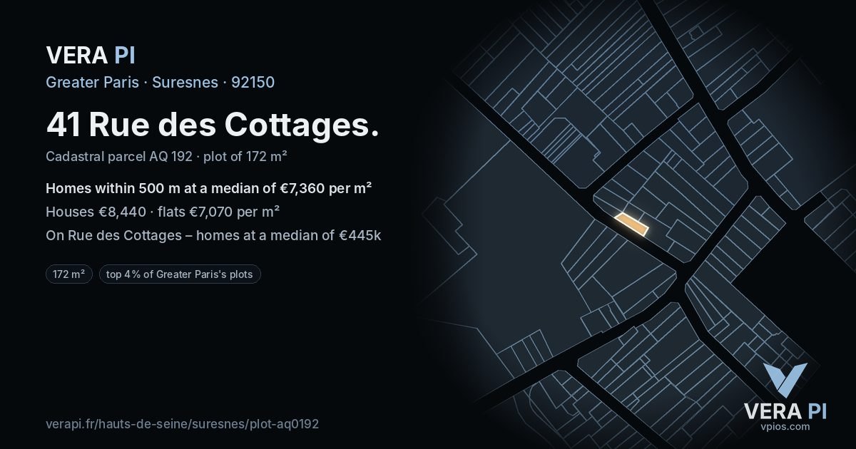 41 Rue des Cottages, Suresnes at night – the plot lit, the parcels around coloured by the prices near them