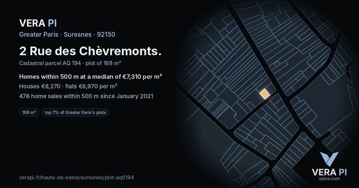 2 Rue des Chèvremonts, Suresnes at night – the plot lit, the parcels around coloured by the prices near them