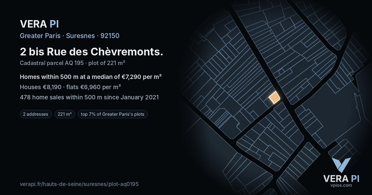 2 bis Rue des Chèvremonts, Suresnes at night – the plot lit, the parcels around coloured by the prices near them