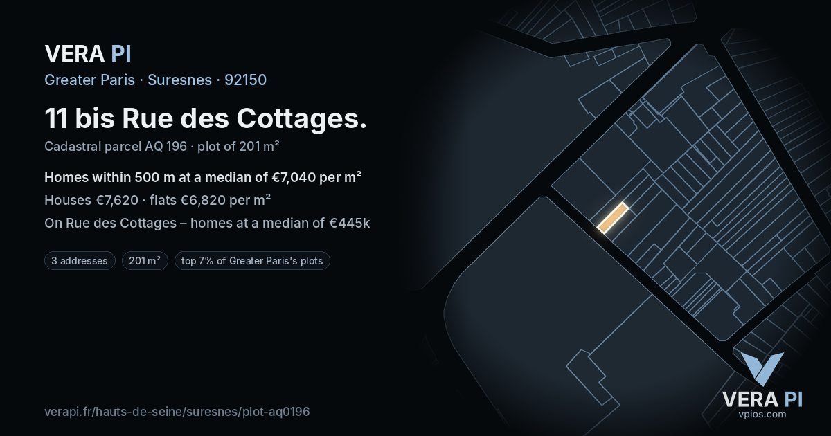 11 bis Rue des Cottages, Suresnes at night – the plot lit, the parcels around coloured by the prices near them