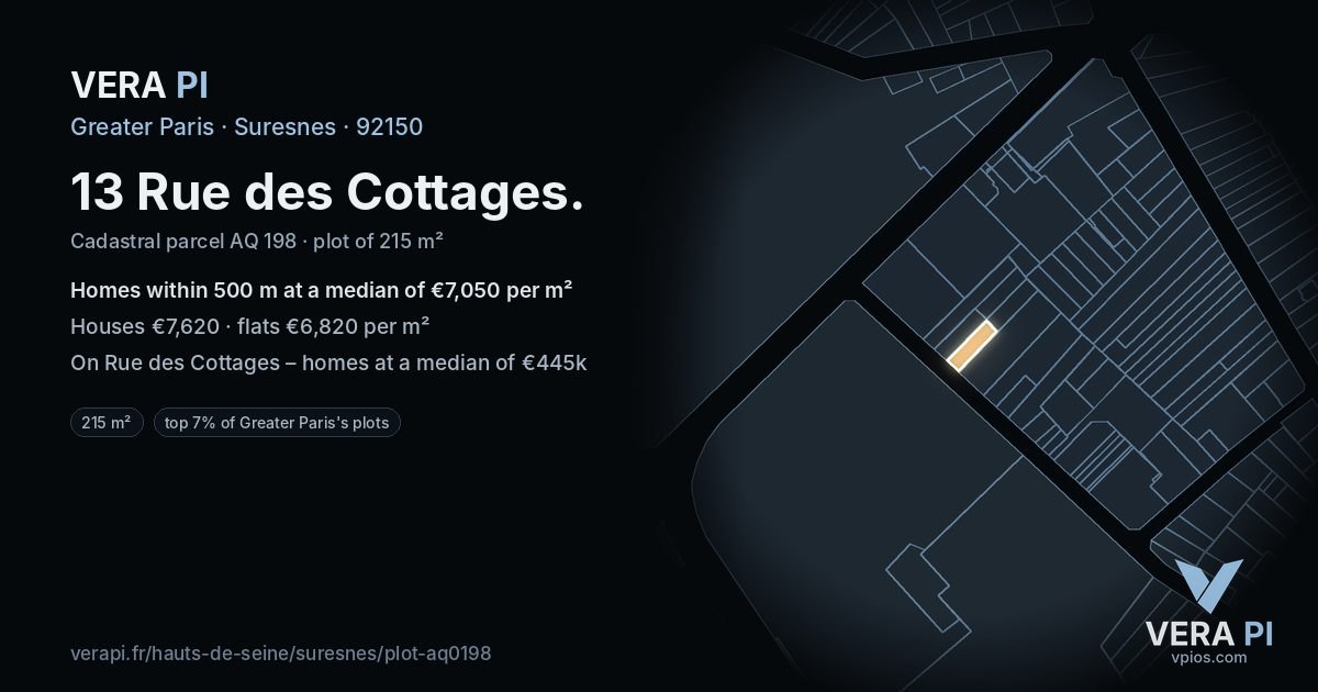 13 Rue des Cottages, Suresnes at night – the plot lit, the parcels around coloured by the prices near them