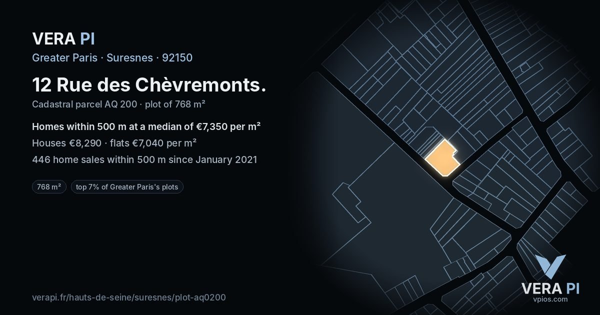 12 Rue des Chèvremonts, Suresnes at night – the plot lit, the parcels around coloured by the prices near them