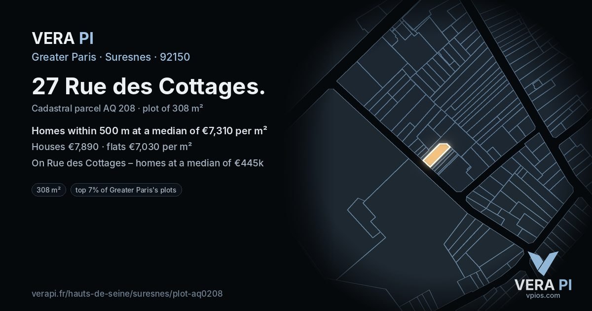 27 Rue des Cottages, Suresnes at night – the plot lit, the parcels around coloured by the prices near them