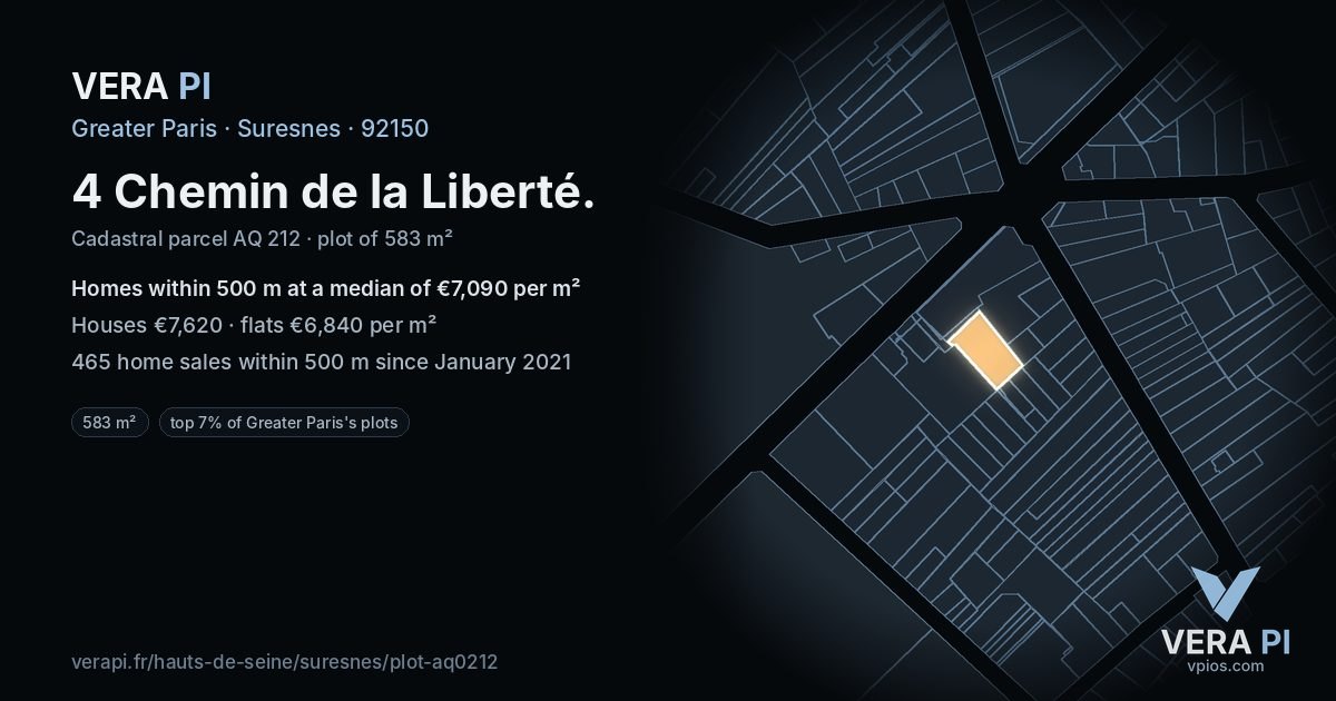4 Chemin de la Liberté, Suresnes at night – the plot lit, the parcels around coloured by the prices near them