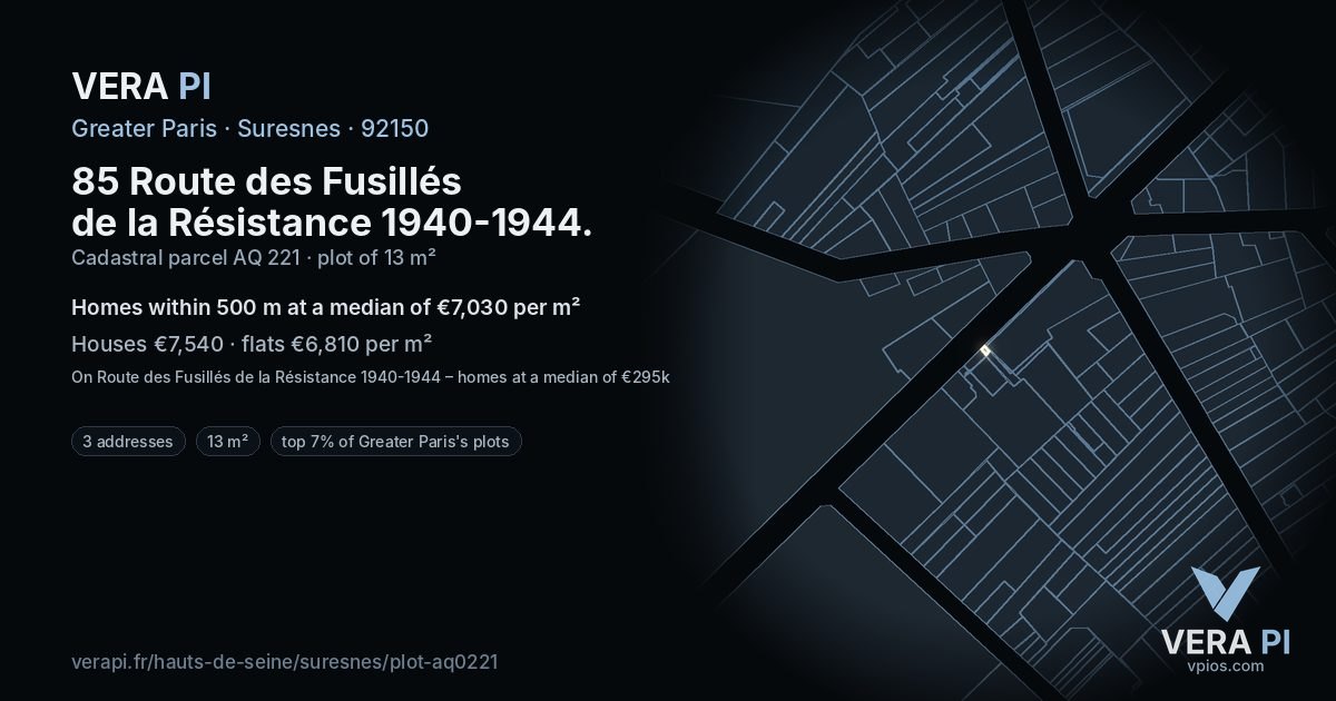 85 Route des Fusillés de la Résistance 1940-1944, Suresnes at night – the plot lit, the parcels around coloured by the prices near them