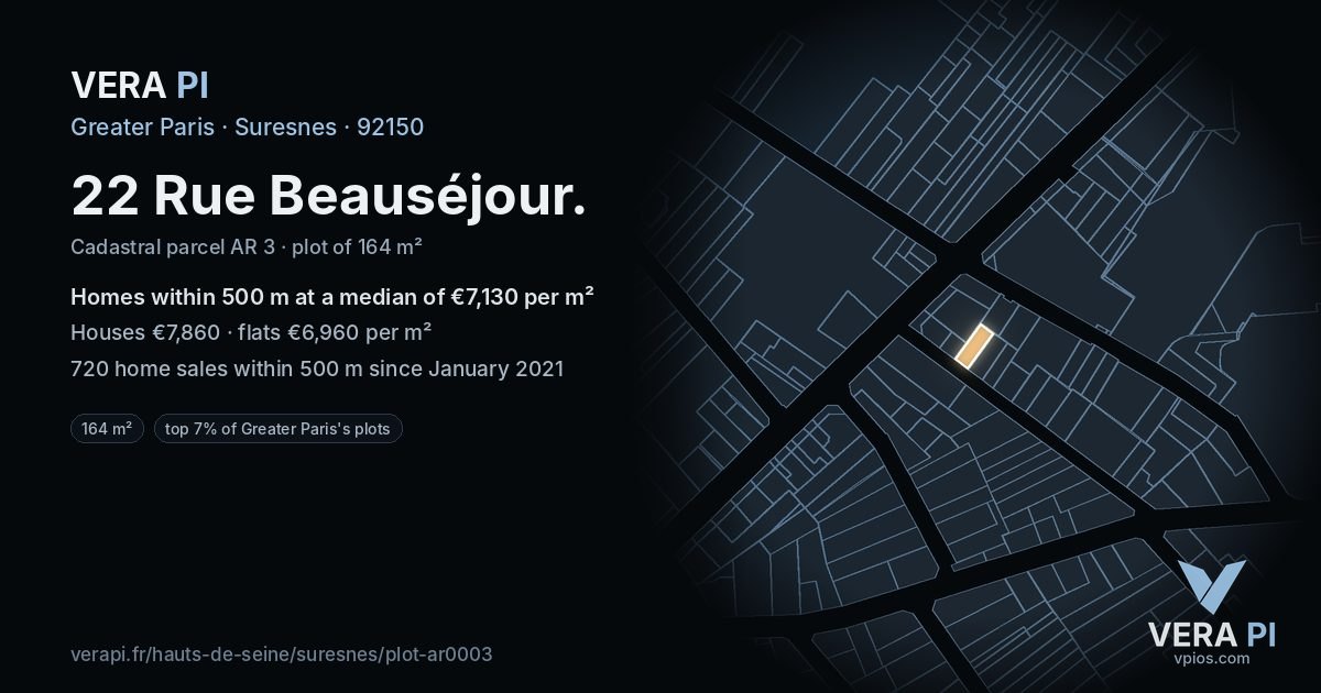 22 Rue Beauséjour, Suresnes at night – the plot lit, the parcels around coloured by the prices near them