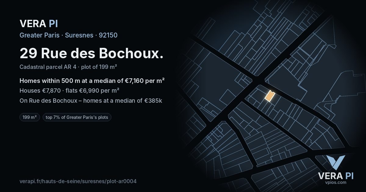 29 Rue des Bochoux, Suresnes at night – the plot lit, the parcels around coloured by the prices near them