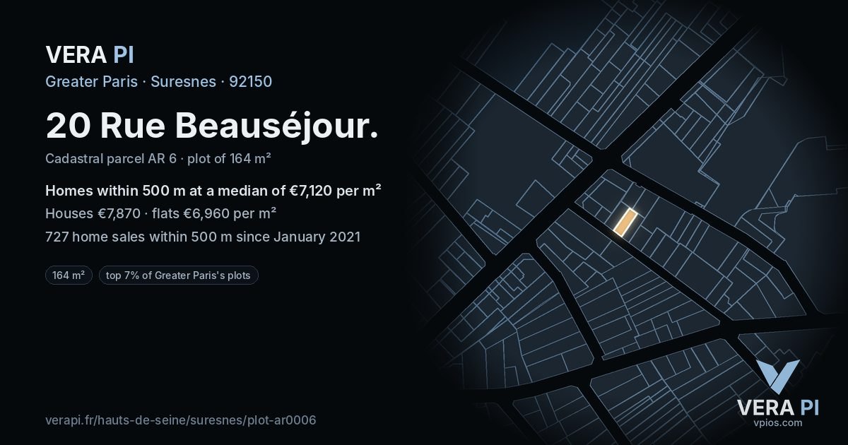 20 Rue Beauséjour, Suresnes at night – the plot lit, the parcels around coloured by the prices near them