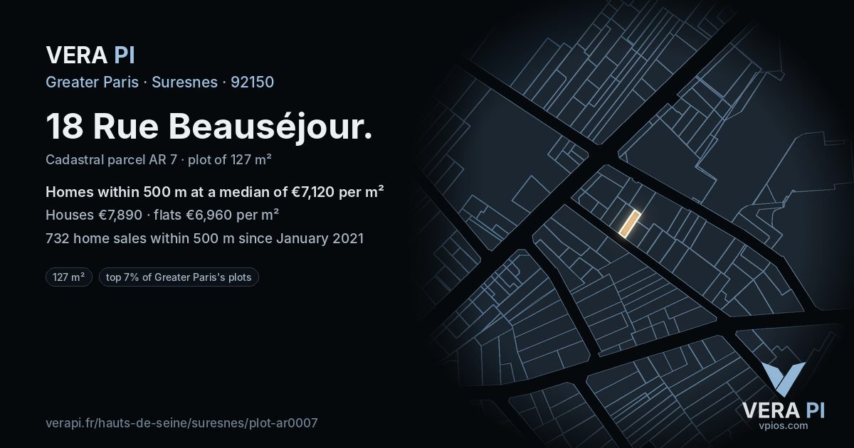 18 Rue Beauséjour, Suresnes at night – the plot lit, the parcels around coloured by the prices near them