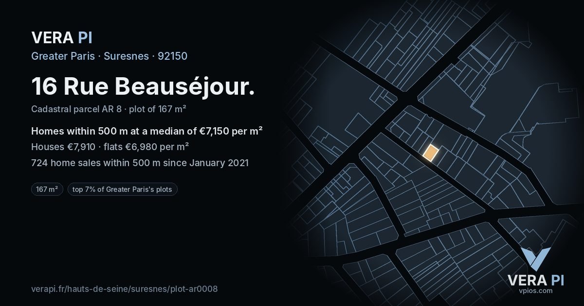 16 Rue Beauséjour, Suresnes at night – the plot lit, the parcels around coloured by the prices near them