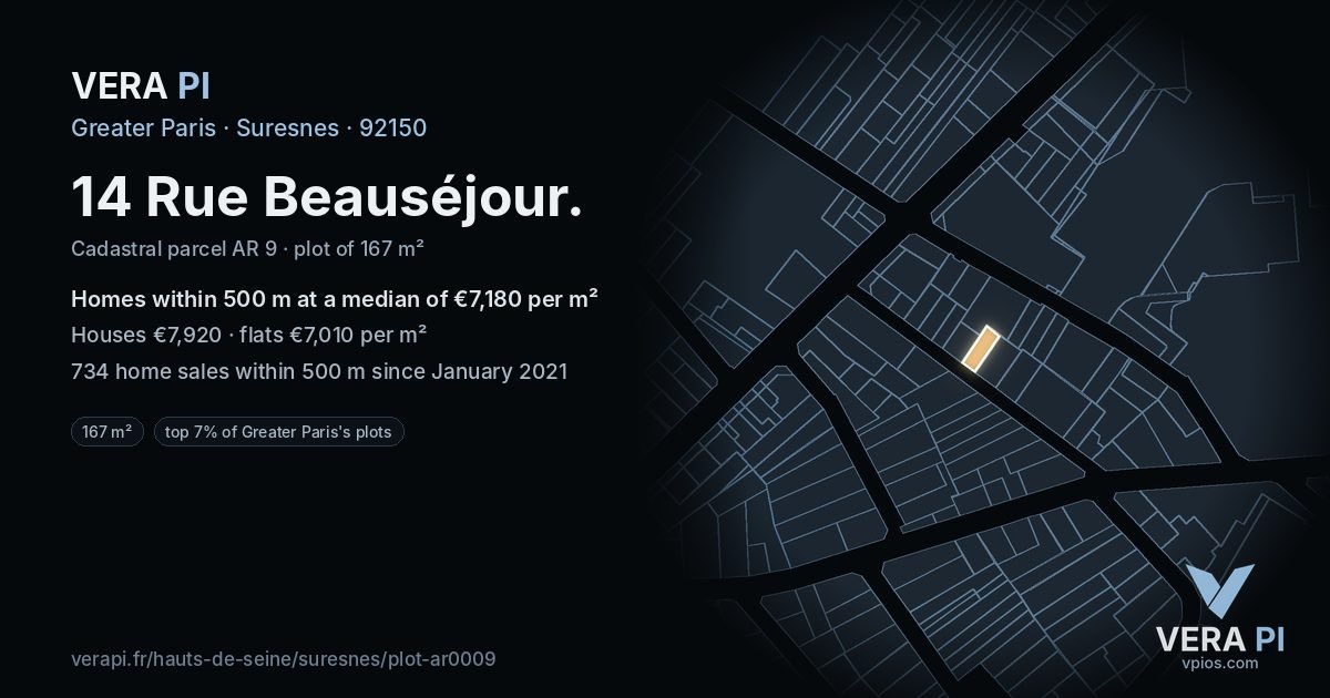 14 Rue Beauséjour, Suresnes at night – the plot lit, the parcels around coloured by the prices near them