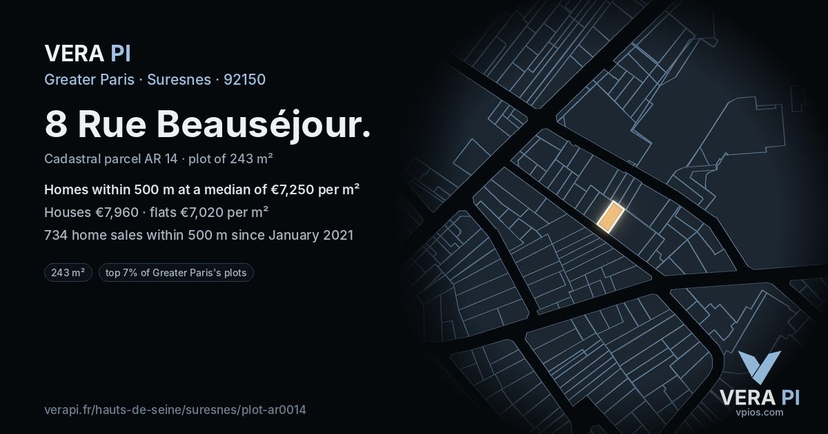 8 Rue Beauséjour, Suresnes at night – the plot lit, the parcels around coloured by the prices near them