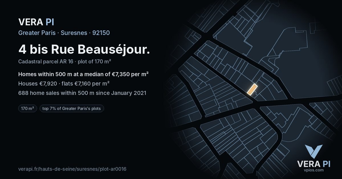 4 bis Rue Beauséjour, Suresnes at night – the plot lit, the parcels around coloured by the prices near them