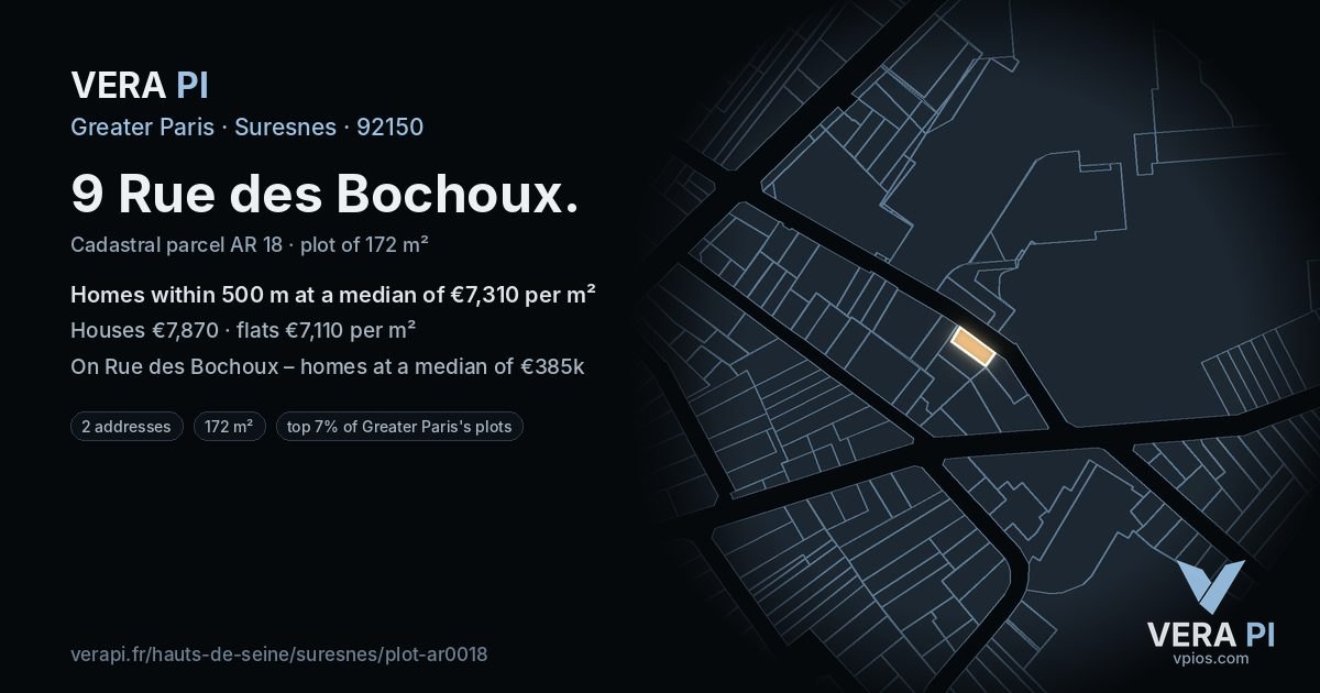 9 Rue des Bochoux, Suresnes at night – the plot lit, the parcels around coloured by the prices near them