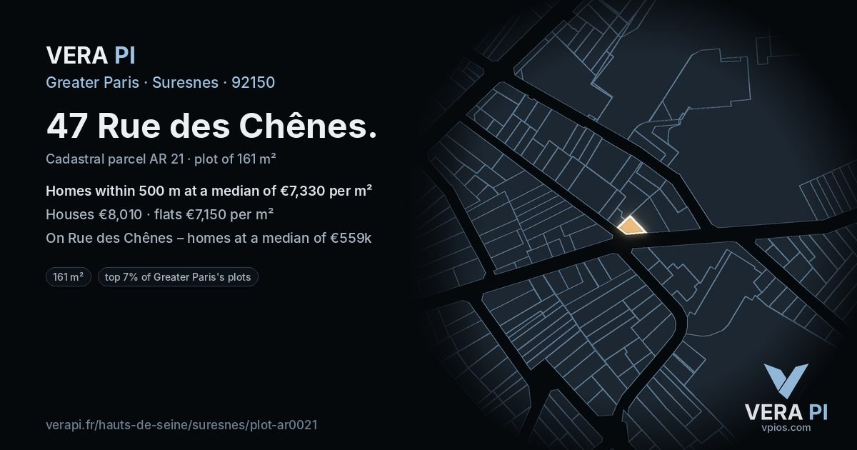 47 Rue des Chênes, Suresnes at night – the plot lit, the parcels around coloured by the prices near them
