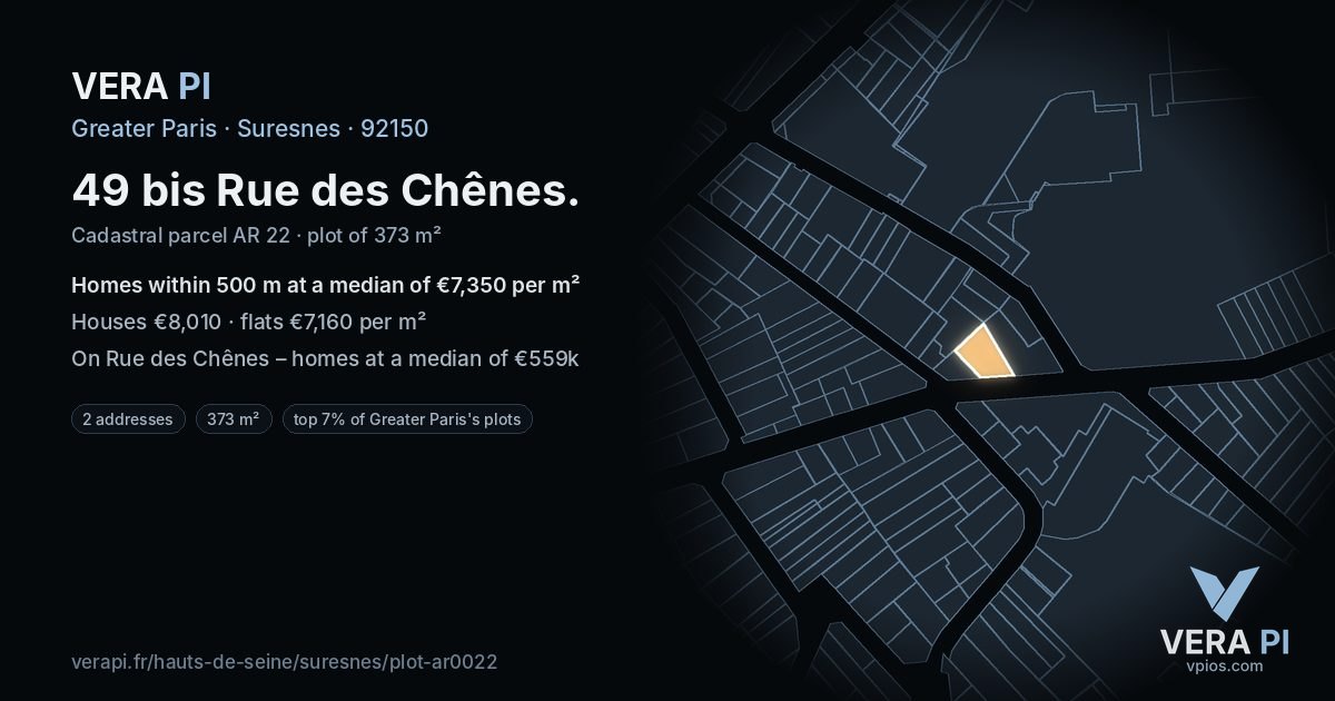 49 bis Rue des Chênes, Suresnes at night – the plot lit, the parcels around coloured by the prices near them