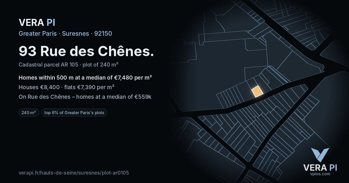 93 Rue des Chênes, Suresnes at night – the plot lit, the parcels around coloured by the prices near them