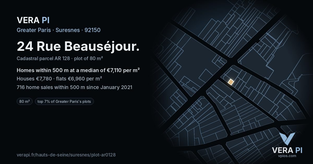 24 Rue Beauséjour, Suresnes at night – the plot lit, the parcels around coloured by the prices near them
