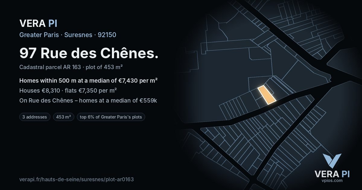 97 Rue des Chênes, Suresnes at night – the plot lit, the parcels around coloured by the prices near them