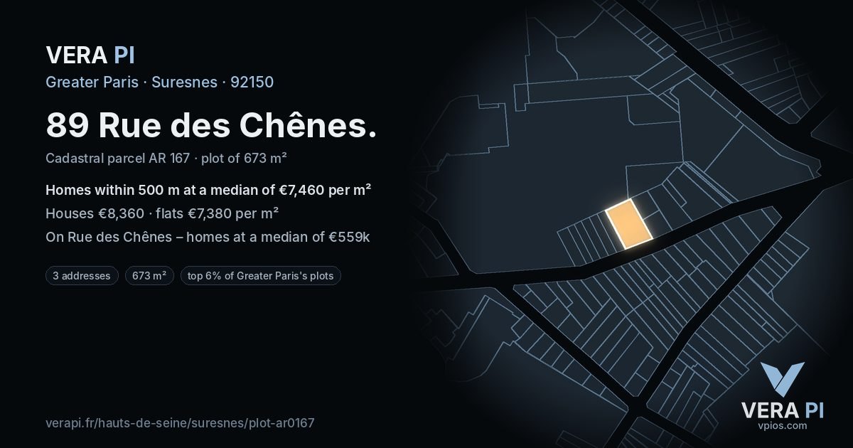 89 Rue des Chênes, Suresnes at night – the plot lit, the parcels around coloured by the prices near them