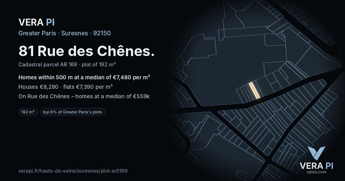 81 Rue des Chênes, Suresnes at night – the plot lit, the parcels around coloured by the prices near them