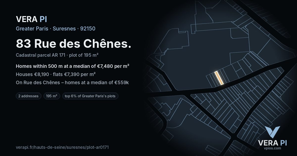 83 Rue des Chênes, Suresnes at night – the plot lit, the parcels around coloured by the prices near them